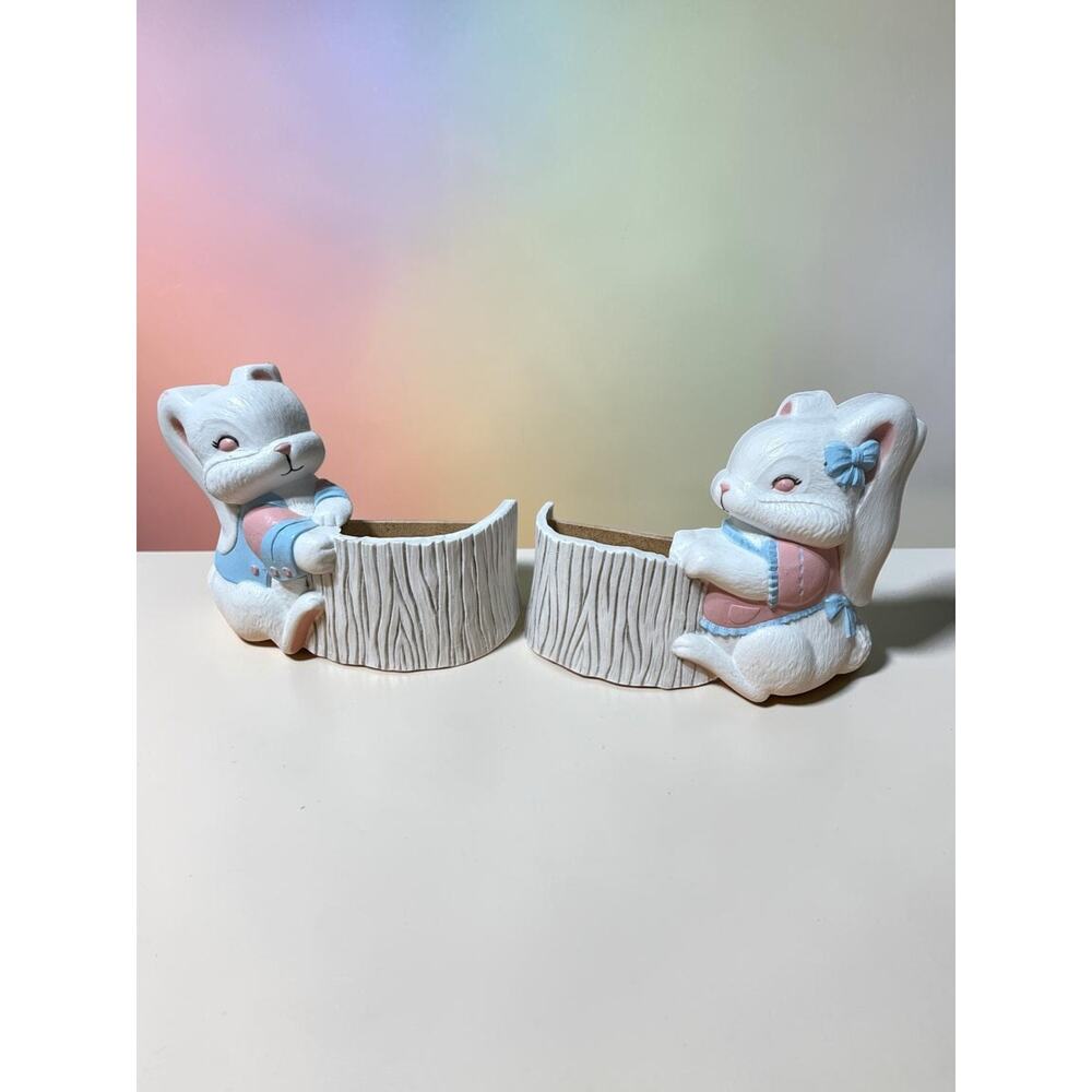 Vintage Burwood Bunny Wall Pocket Plaques Set Boy Girl Homco Easter USA